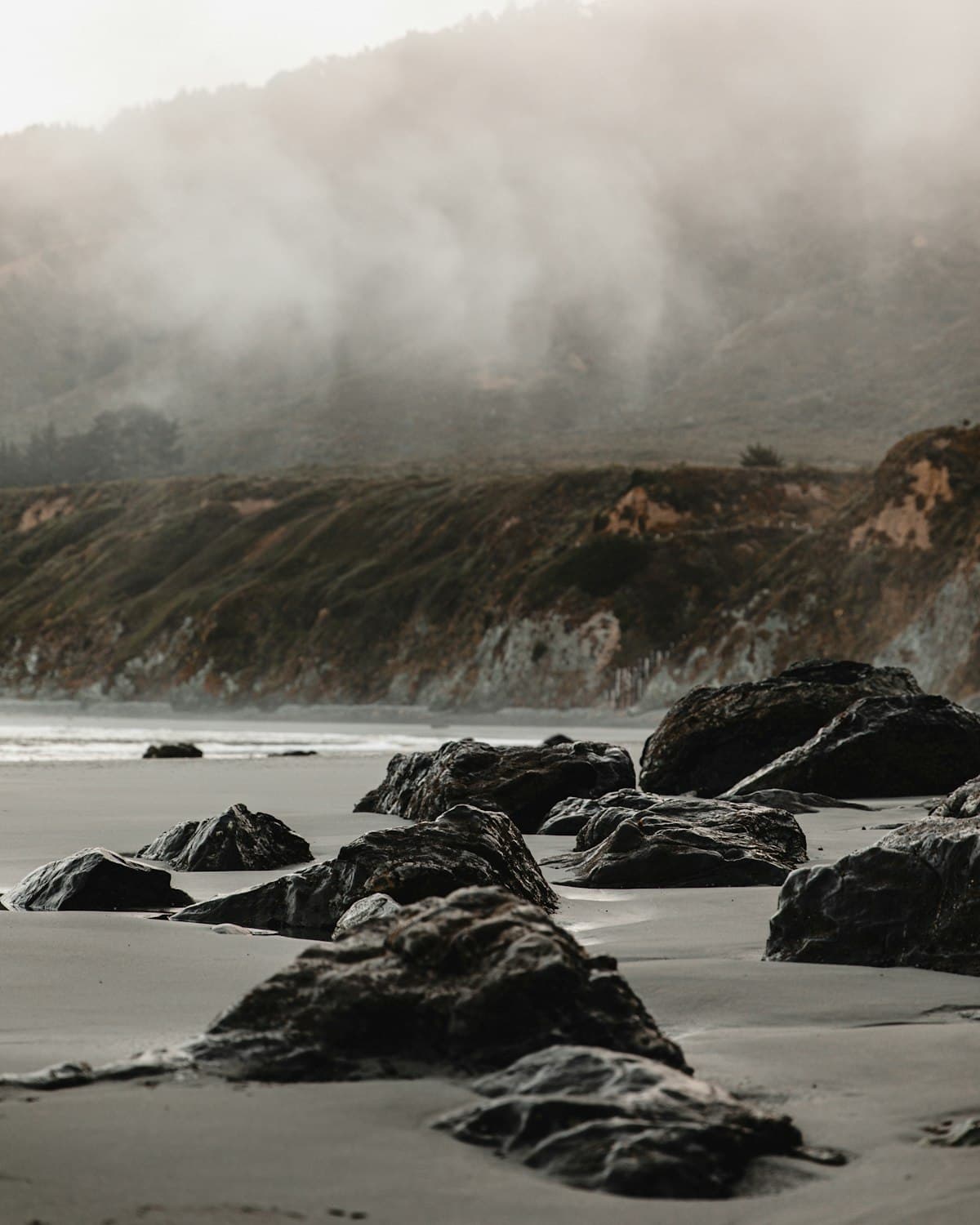 Morning fog over dark rocks on a Central Coast beach